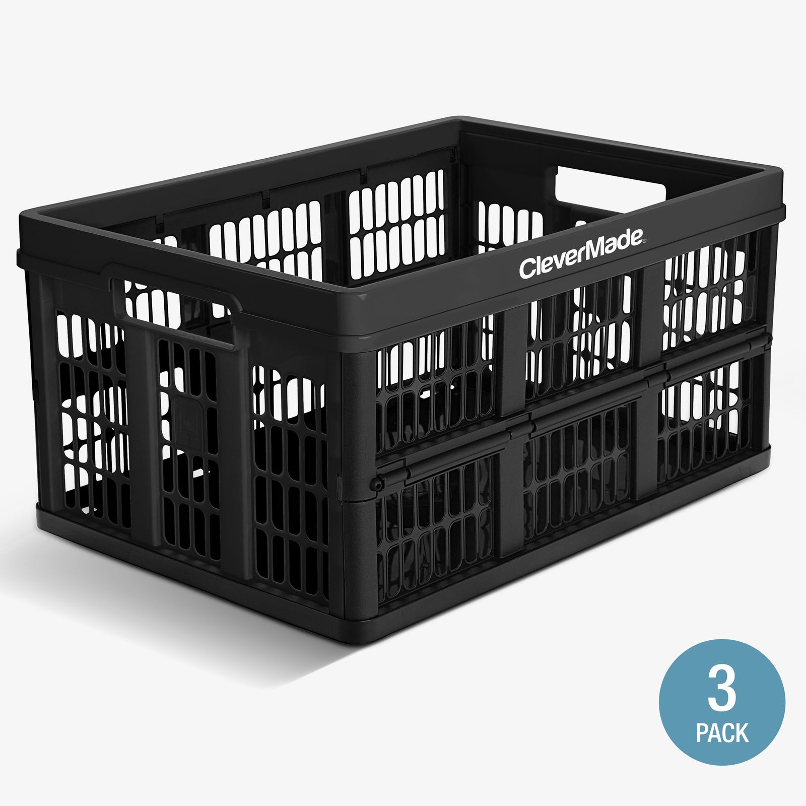Black collapsible utility crates with 'CleverMade' branding on a white background