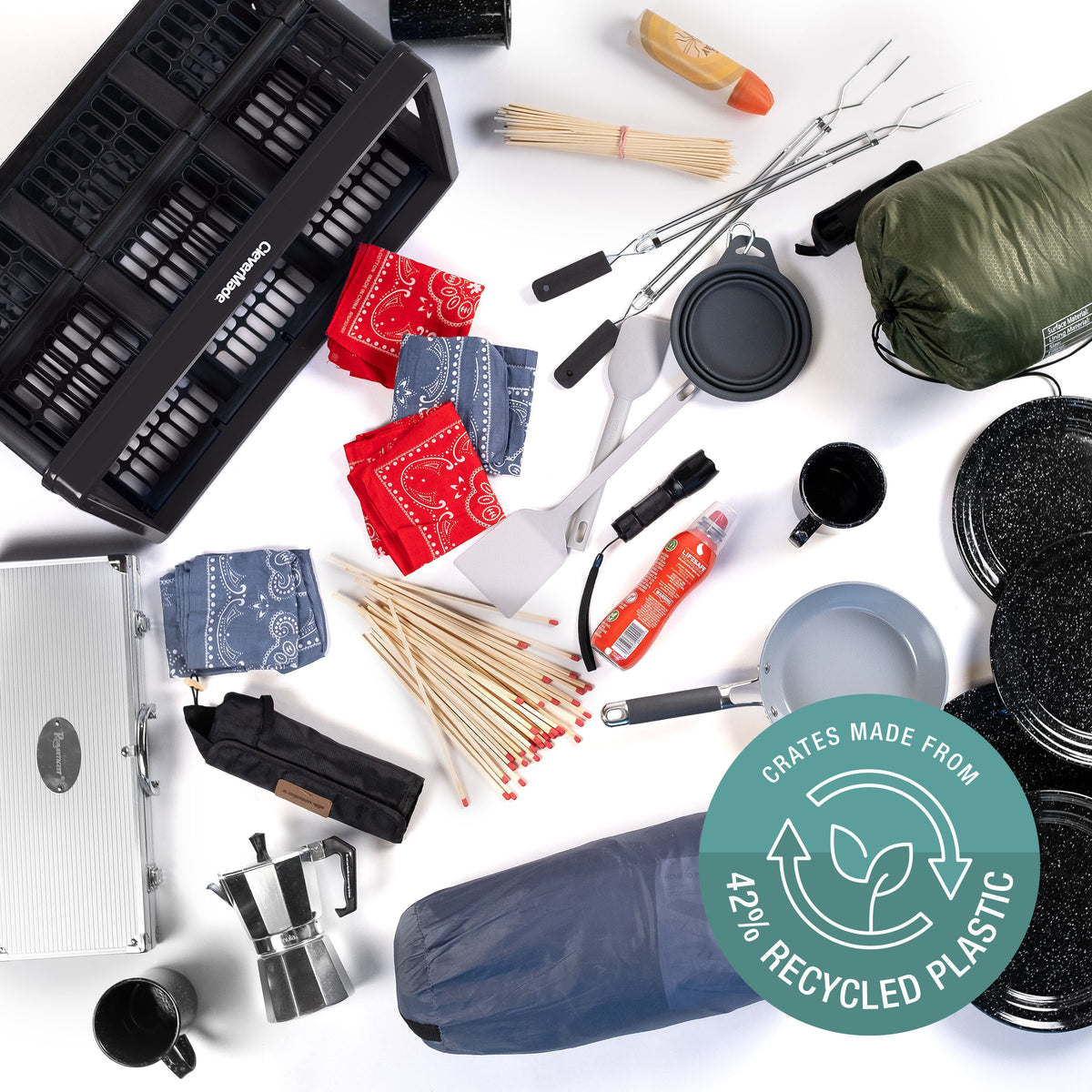 Collection of camping and outdoor gear with a focus on sustainability, featuring a green circular label indicating recycled plastic content.