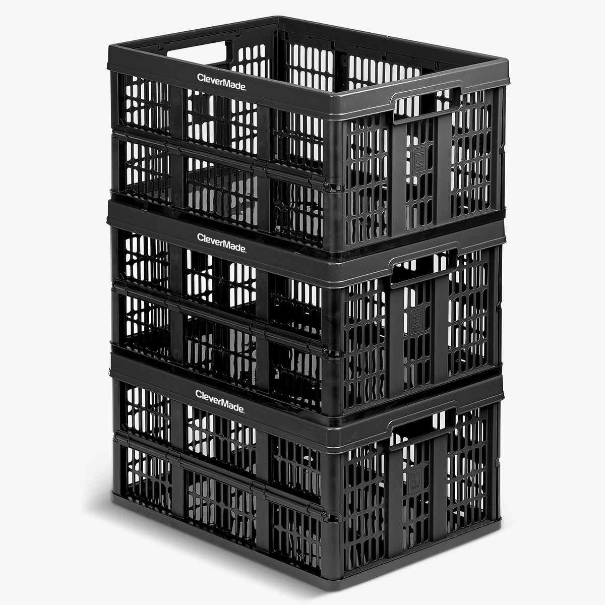 Stack of black CleverMade collapsible utility crates on a white background