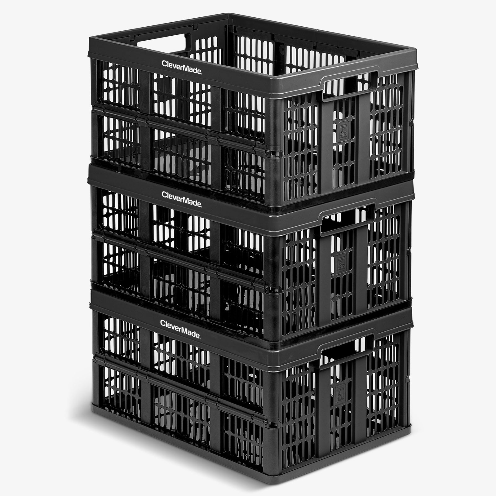 Stack of black CleverMade collapsible utility crates on a white background
