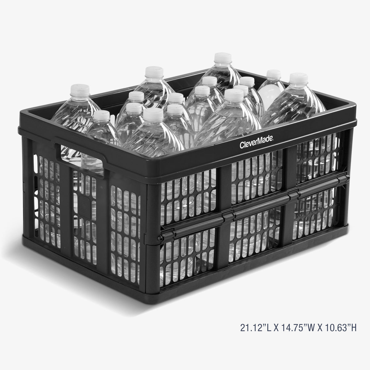 Black collapsible utility crates filled with water bottles on a white background