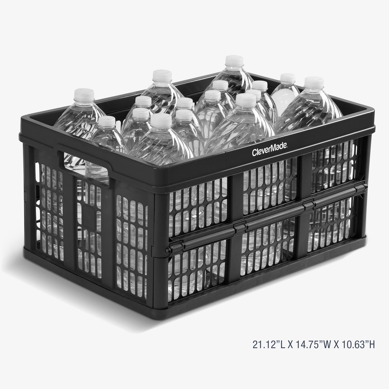 Black collapsible utility crates filled with water bottles on a white background