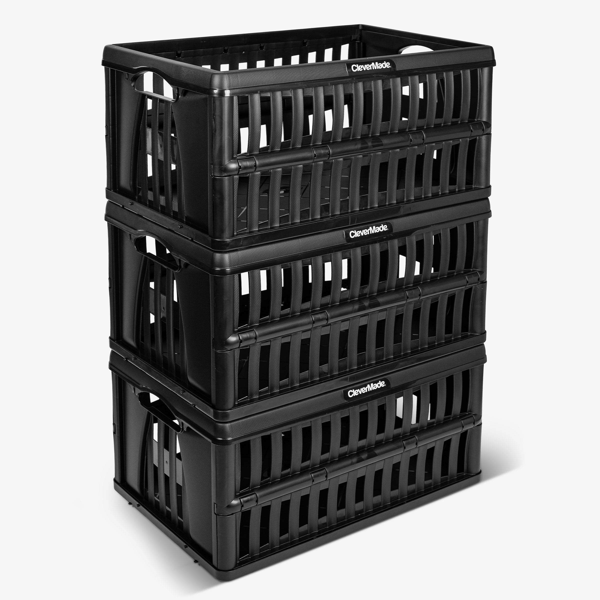 Stack of 3 black collapsible storage crates with 'CleverMade' branding on a white background