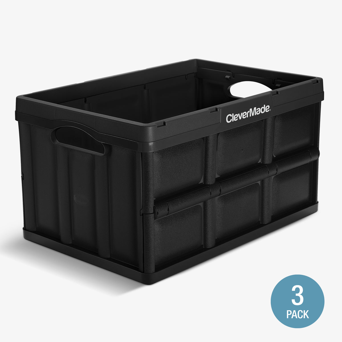 A three-pack 62L black collapsible storage bins with the brand name 'CleverMade' visible on the side of the front bin.