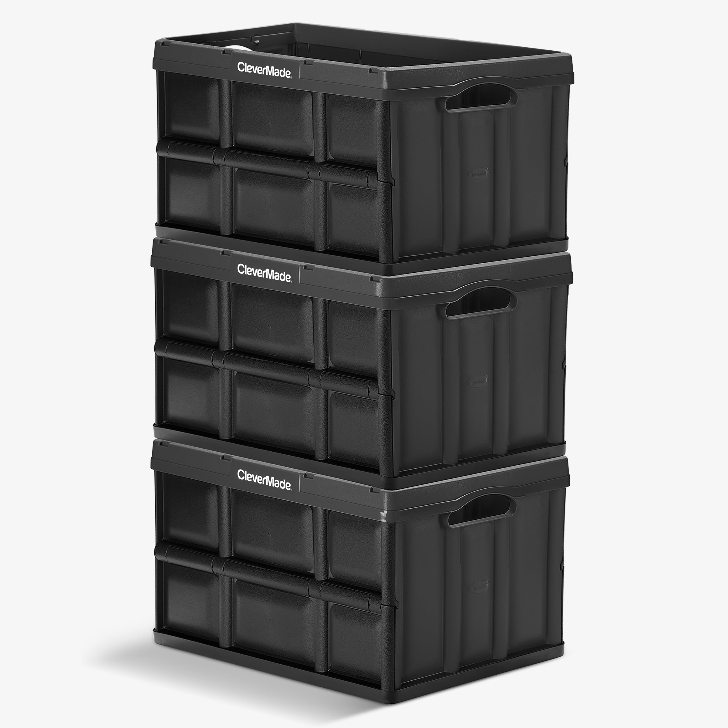 A three-layered 62L black stackable collapsible storage bin with CleverMade logo