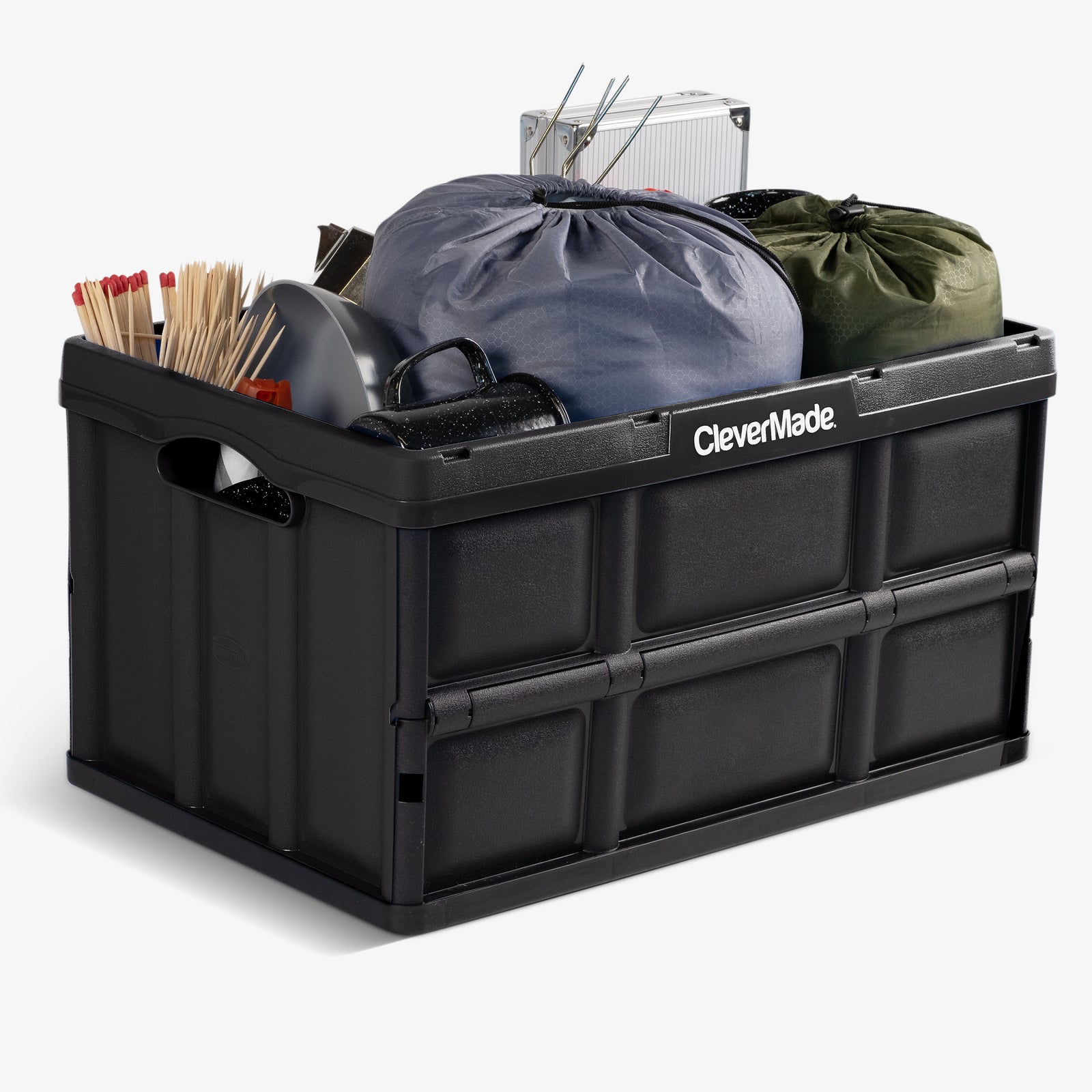 A 62L black collapsible storage bin is good for keeping and organizing kitchen and outdoor utensils