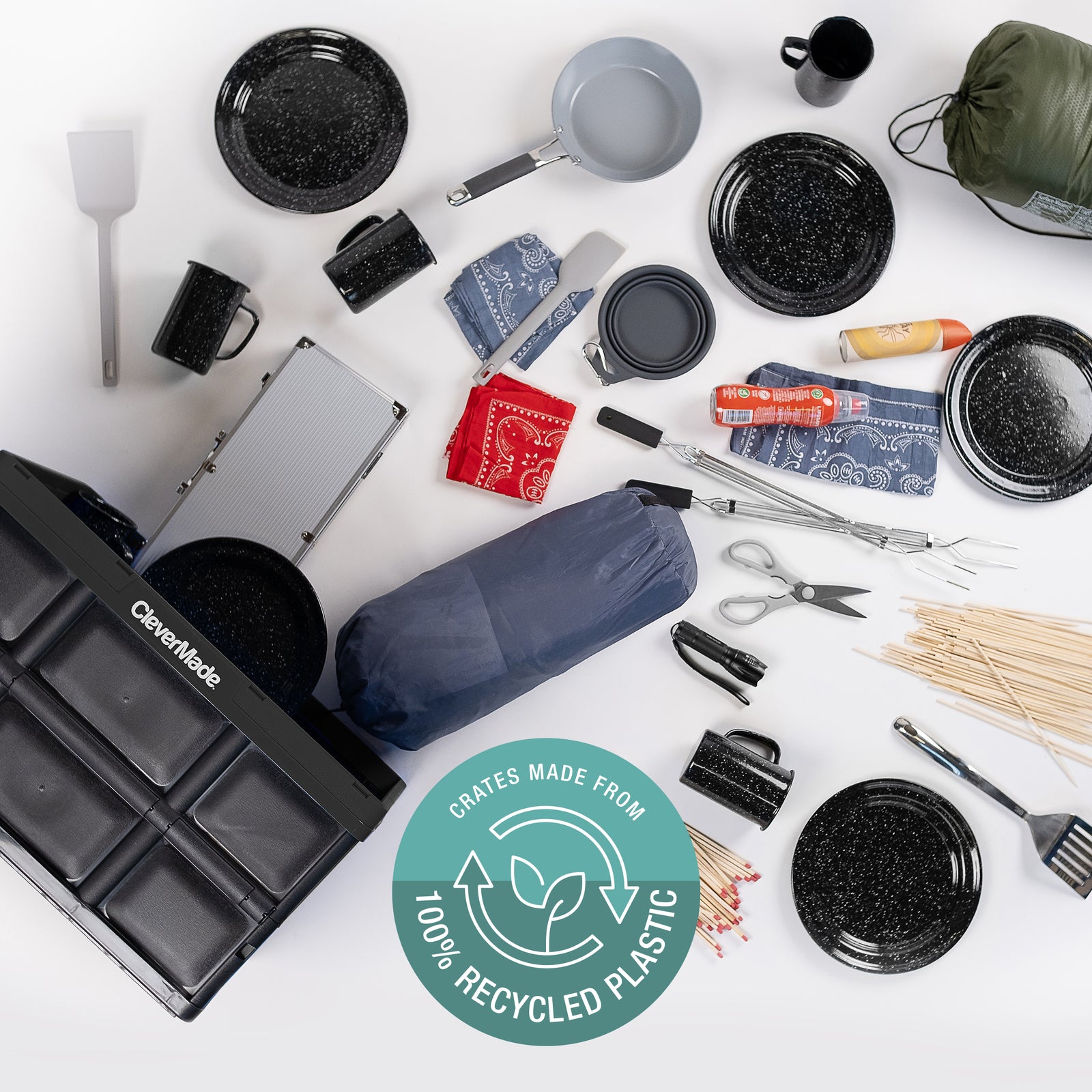A 62L black collapsible storage bin is good for organizing kitchen and outdoor utensils
