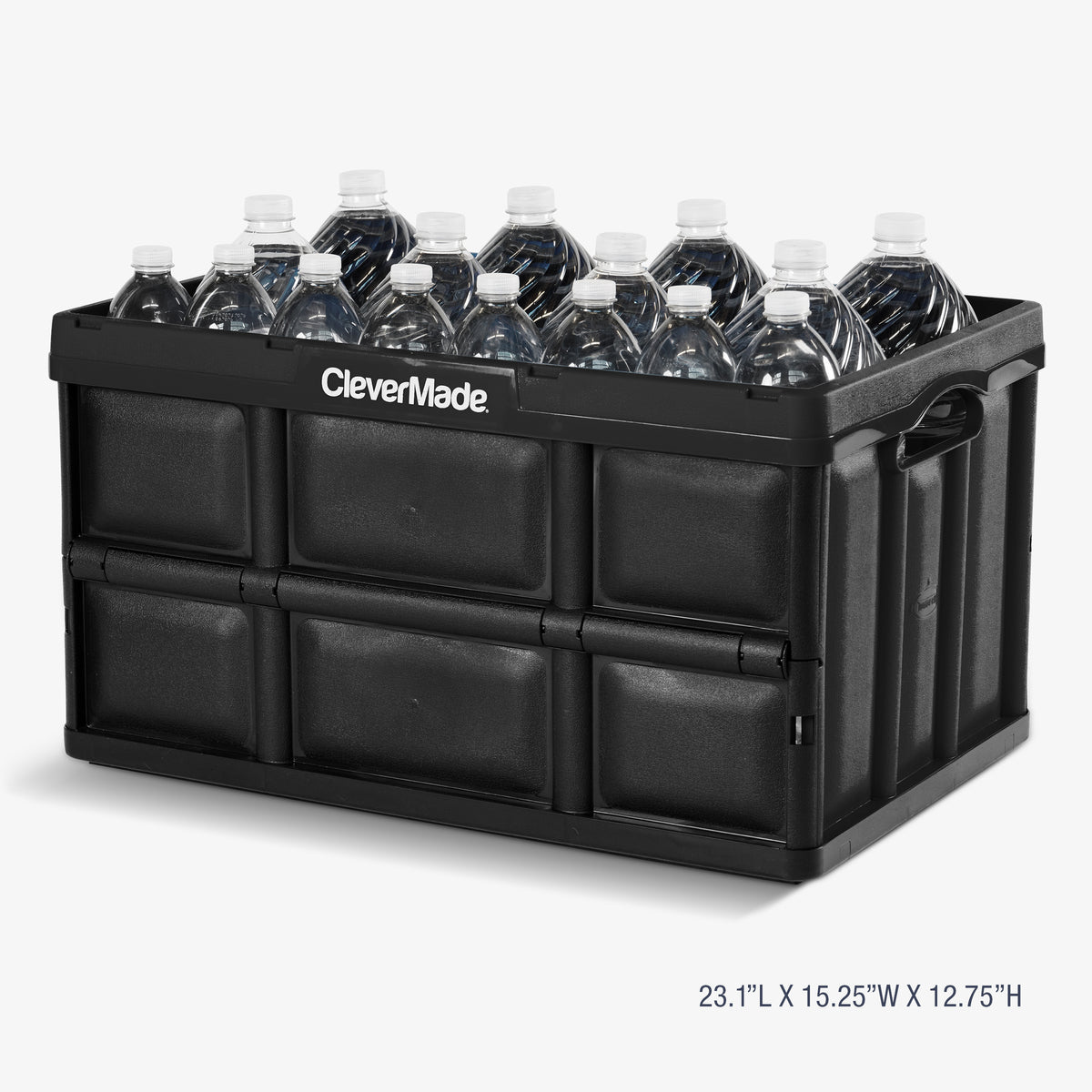 A 62L black collapsible storage bin can carry multiple bottles of water