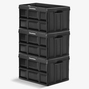 A three-layered 46L black stackable collapsible storage bin with CleverMade logo