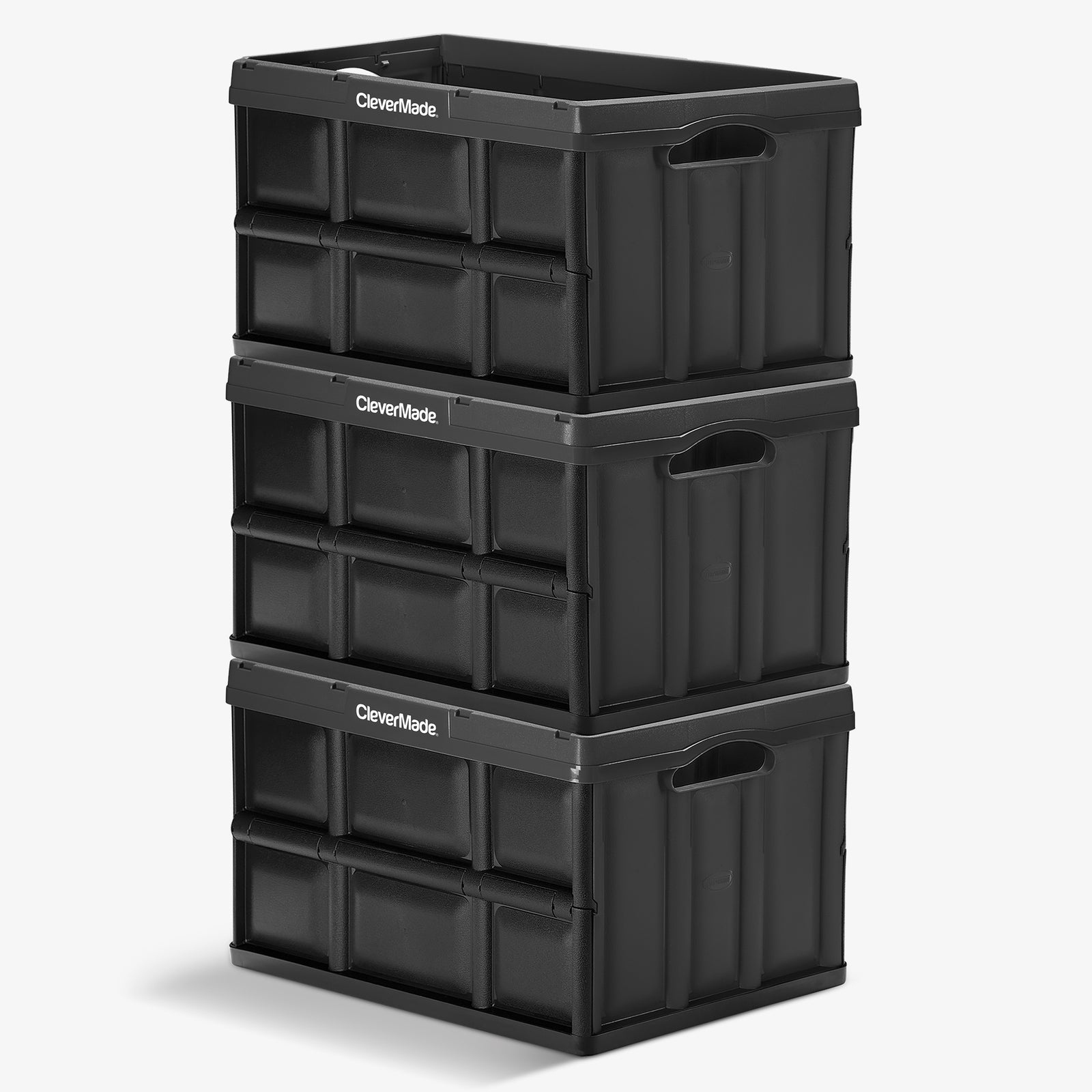 A three-layered 46L black stackable collapsible storage bin with CleverMade logo