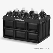 A black collapsible storage bin can carry multiple bottles of water