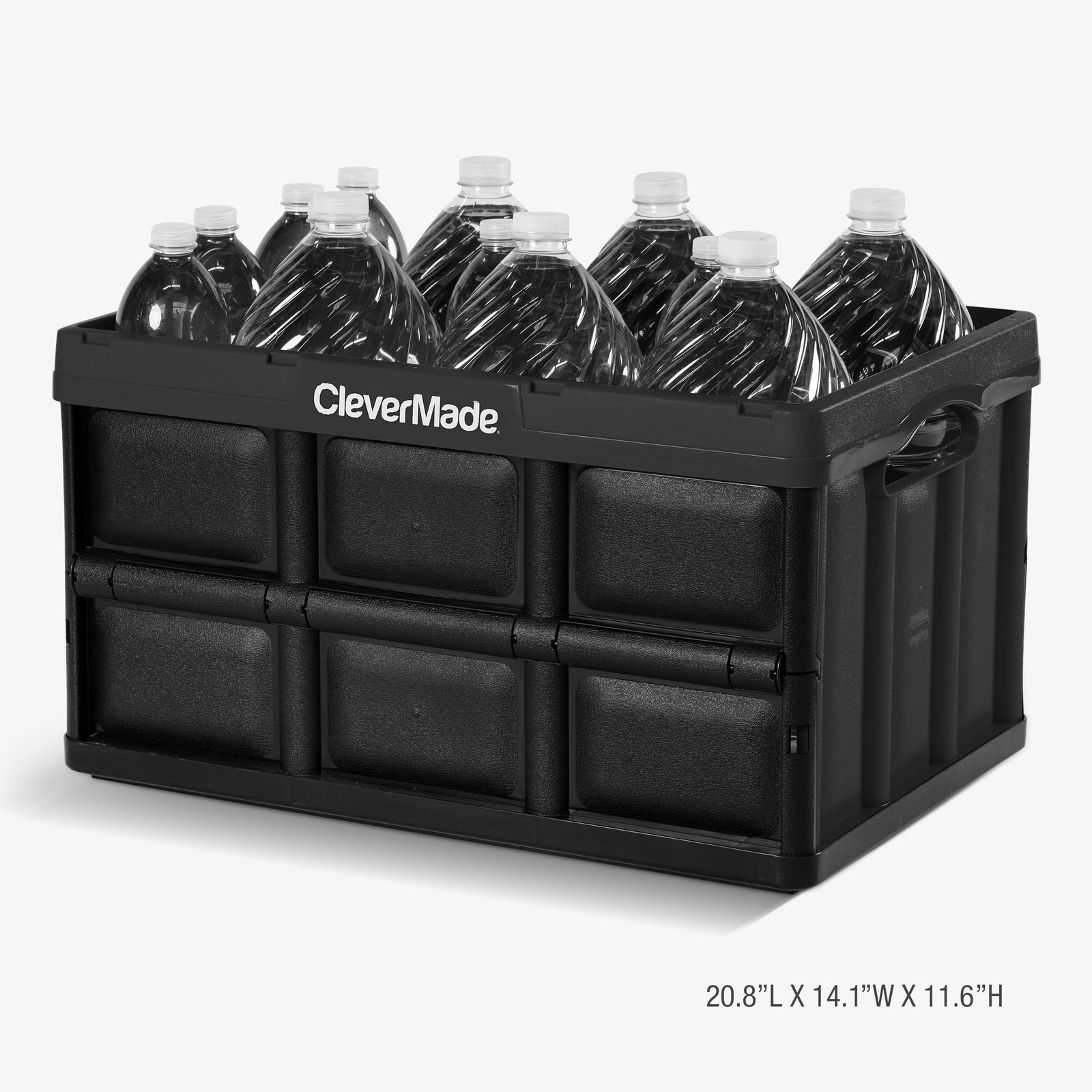 A black collapsible storage bin can carry multiple bottles of water