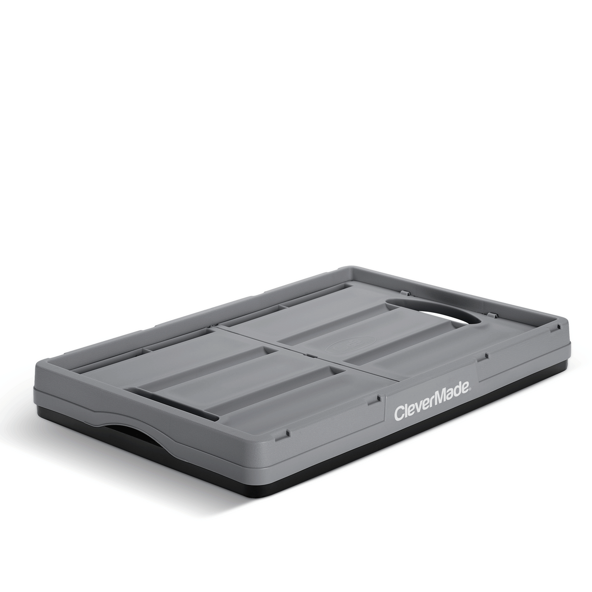 A gray-black collapsible storage bin with CleverMade logo