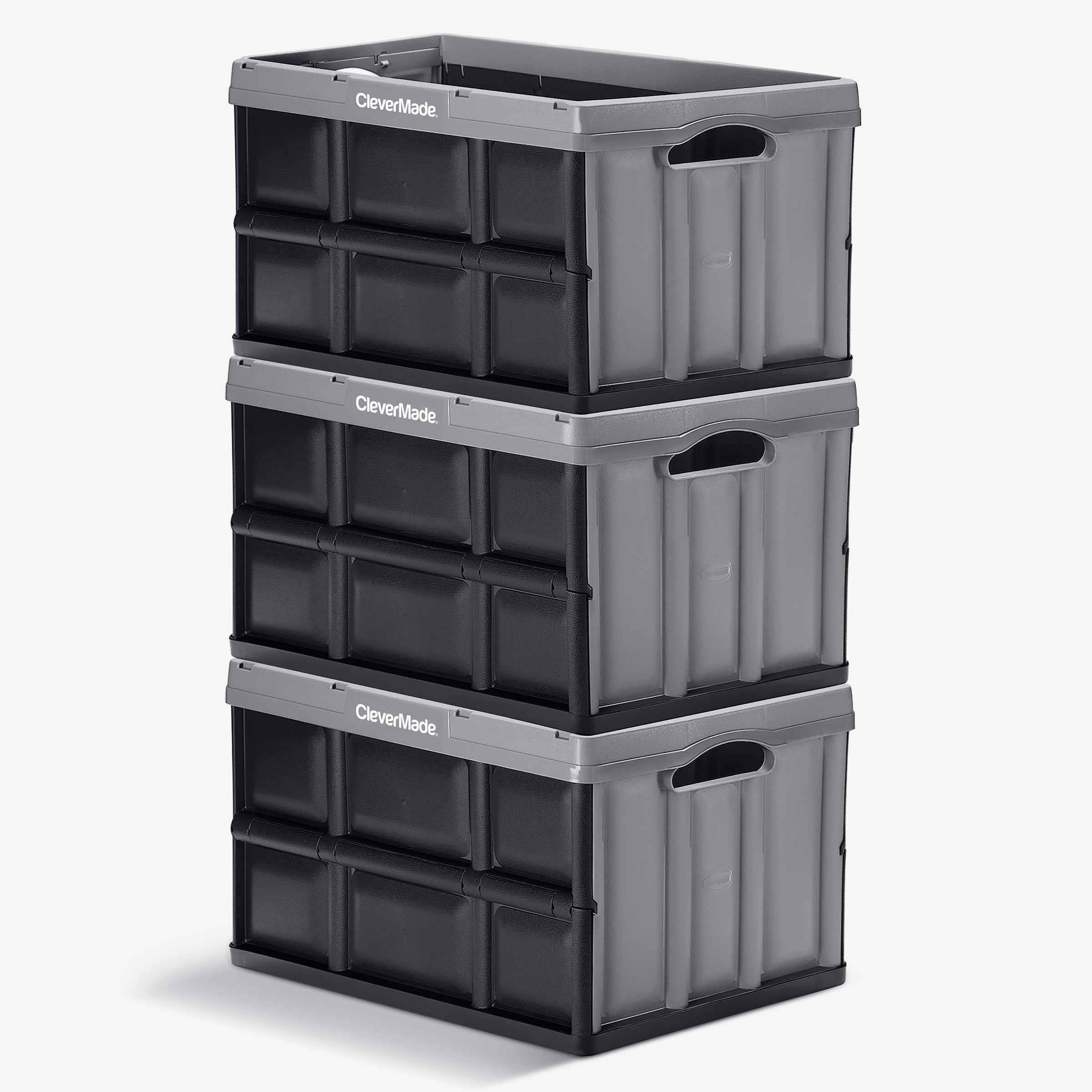 A three-layered 46L gray-black stackable collapsible storage bin with CleverMade logo