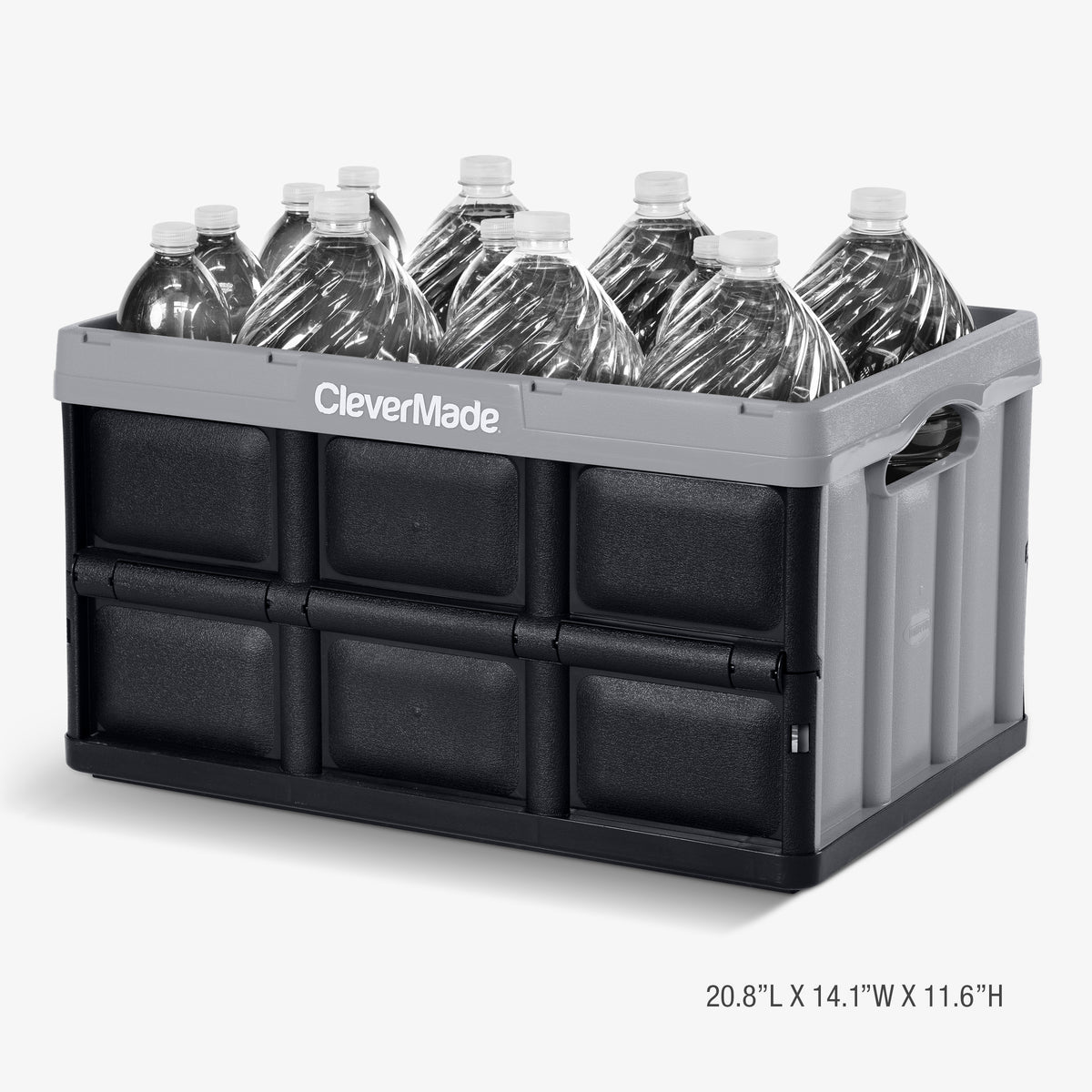 A gray-black collapsible storage bin can carry multiple bottles of water