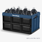 Blue CleverMade crate holding large plastic bottles on a white background