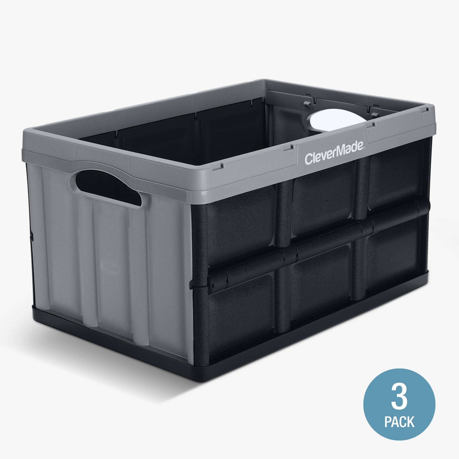 A gray-black collapsible storage bins with the brand name 'CleverMade' visible on the side of the front bin.
