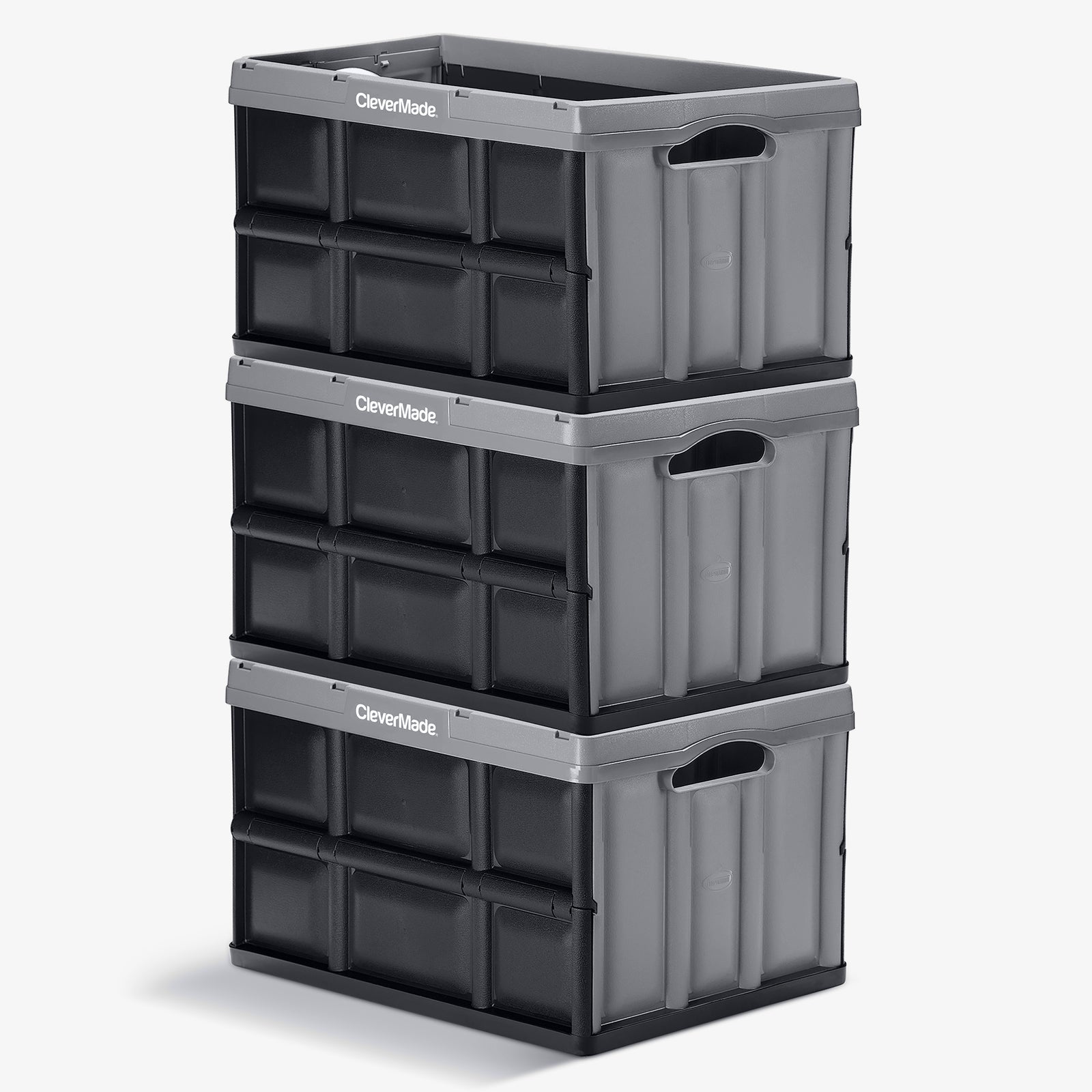 A three-layered 62L gray-black stackable collapsible storage bin with CleverMade logo