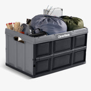 A 62L gray-black collapsible storage bin is good for keeping and organizing kitchen and outdoor utensils