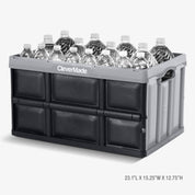 A gray-black collapsible storage bin can carry multiple bottles of water
