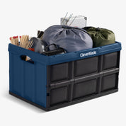 Blue storage crate with black interior filled with items, featuring the 'CleverMade' brand.