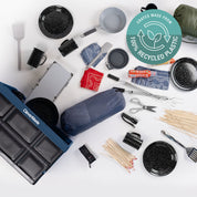 Collection of camping utensils and cookware with a 'Crate Made from 100% Recycled Plastic' label on a white background.