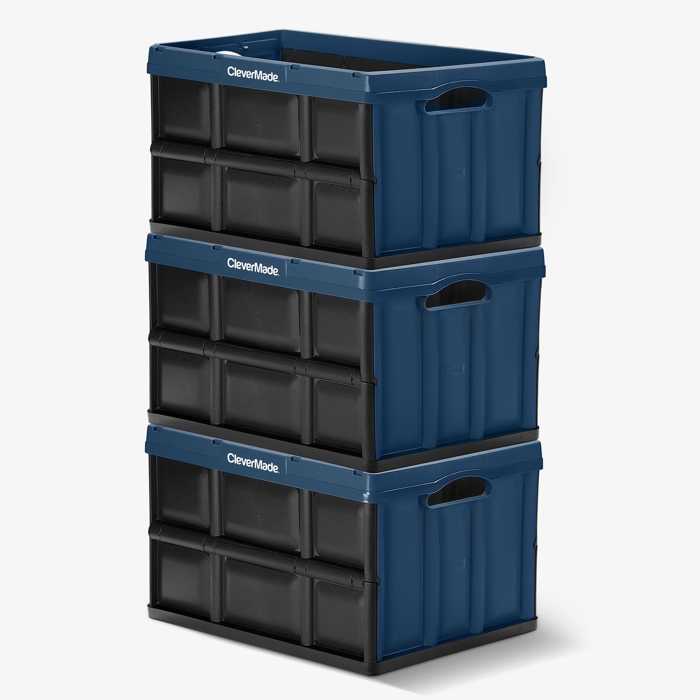 Stack of three blue storage crates with black sides on a white background