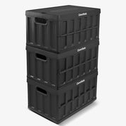 Stack of black storage crates with 'CleverMade' branding on a white background