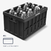 Black storage crate filled with water bottles labeled 'CleverMade' on a white background.