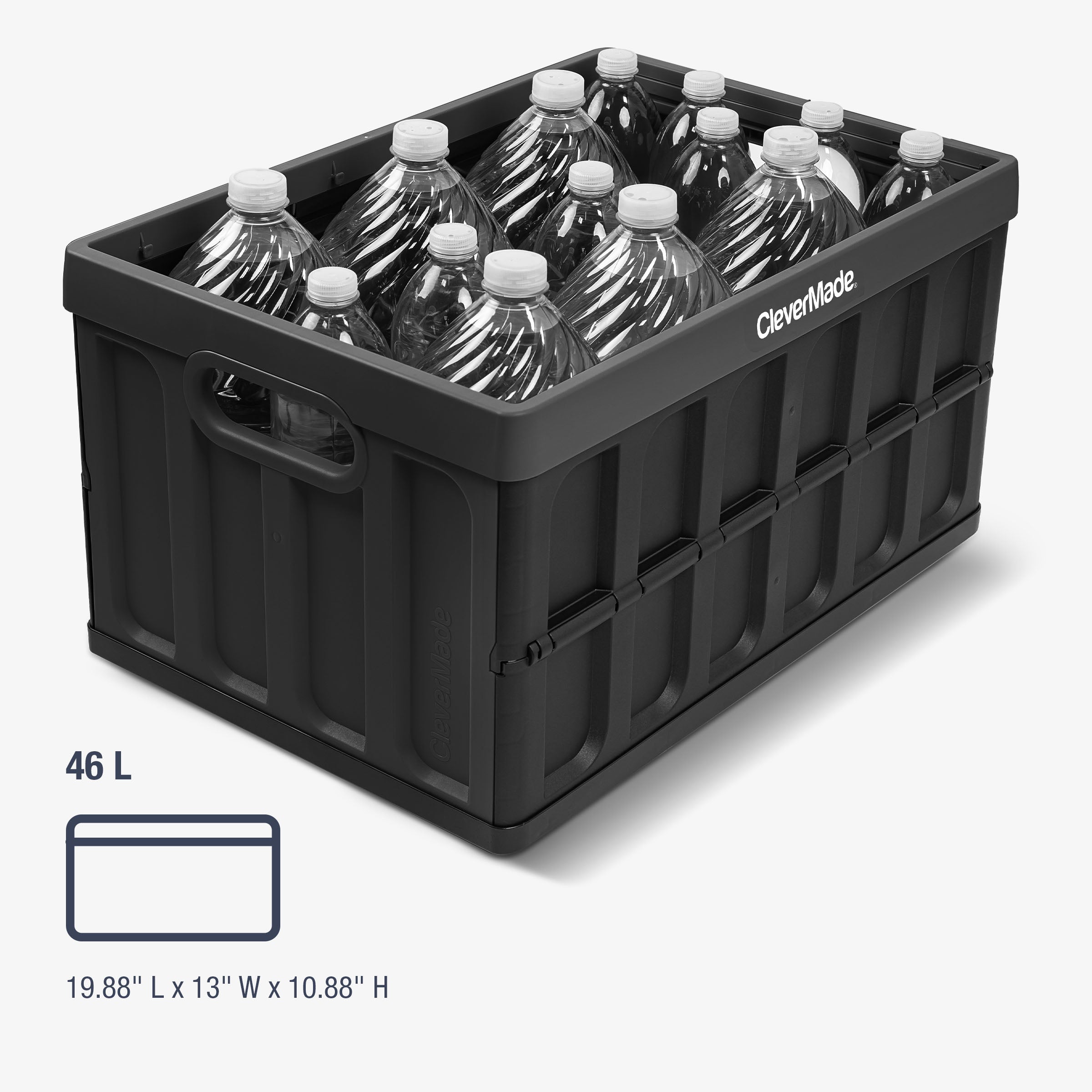 Black storage crate filled with water bottles labeled 'CleverMade' on a white background.