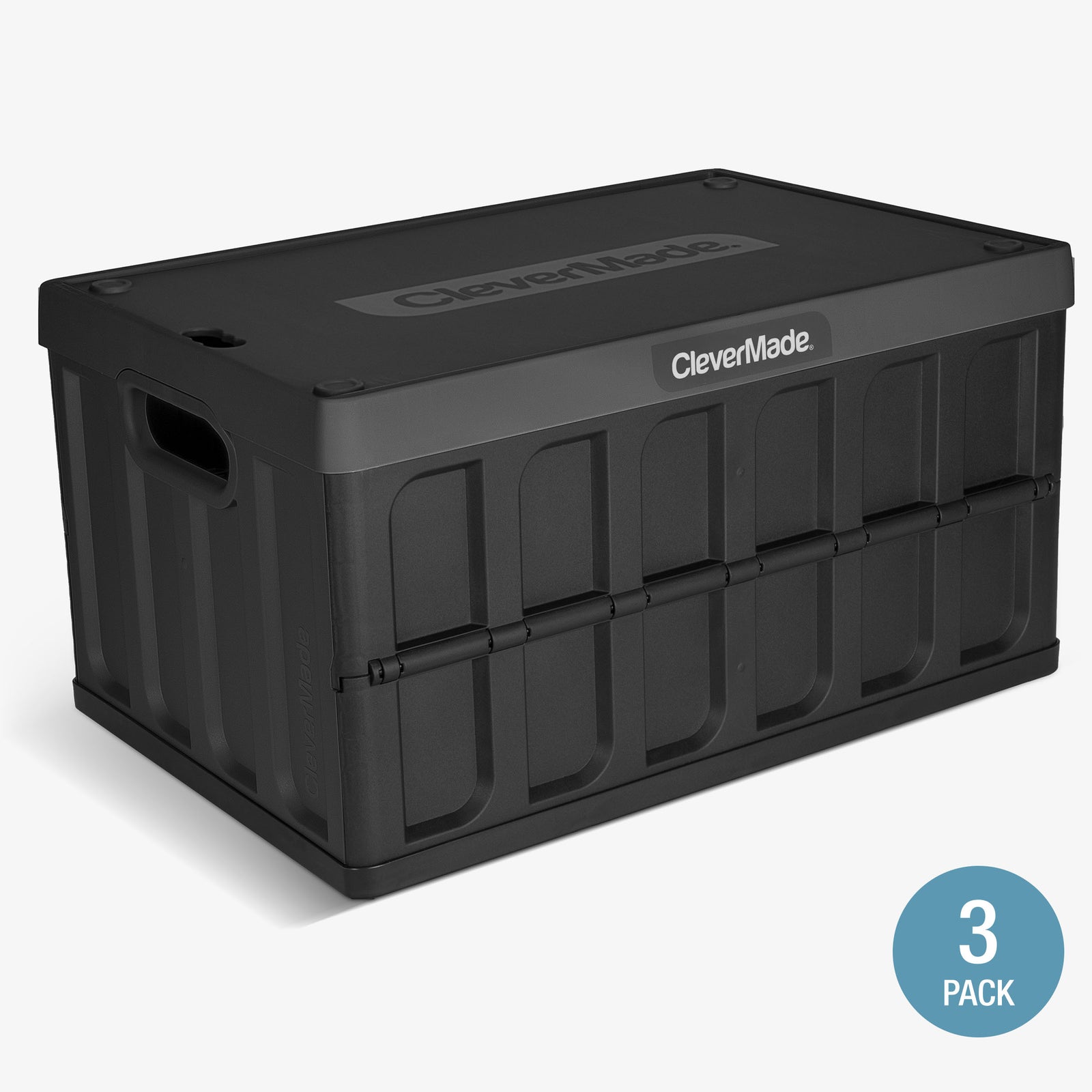 Black storage crate with 'CleverMade' branding on a white background