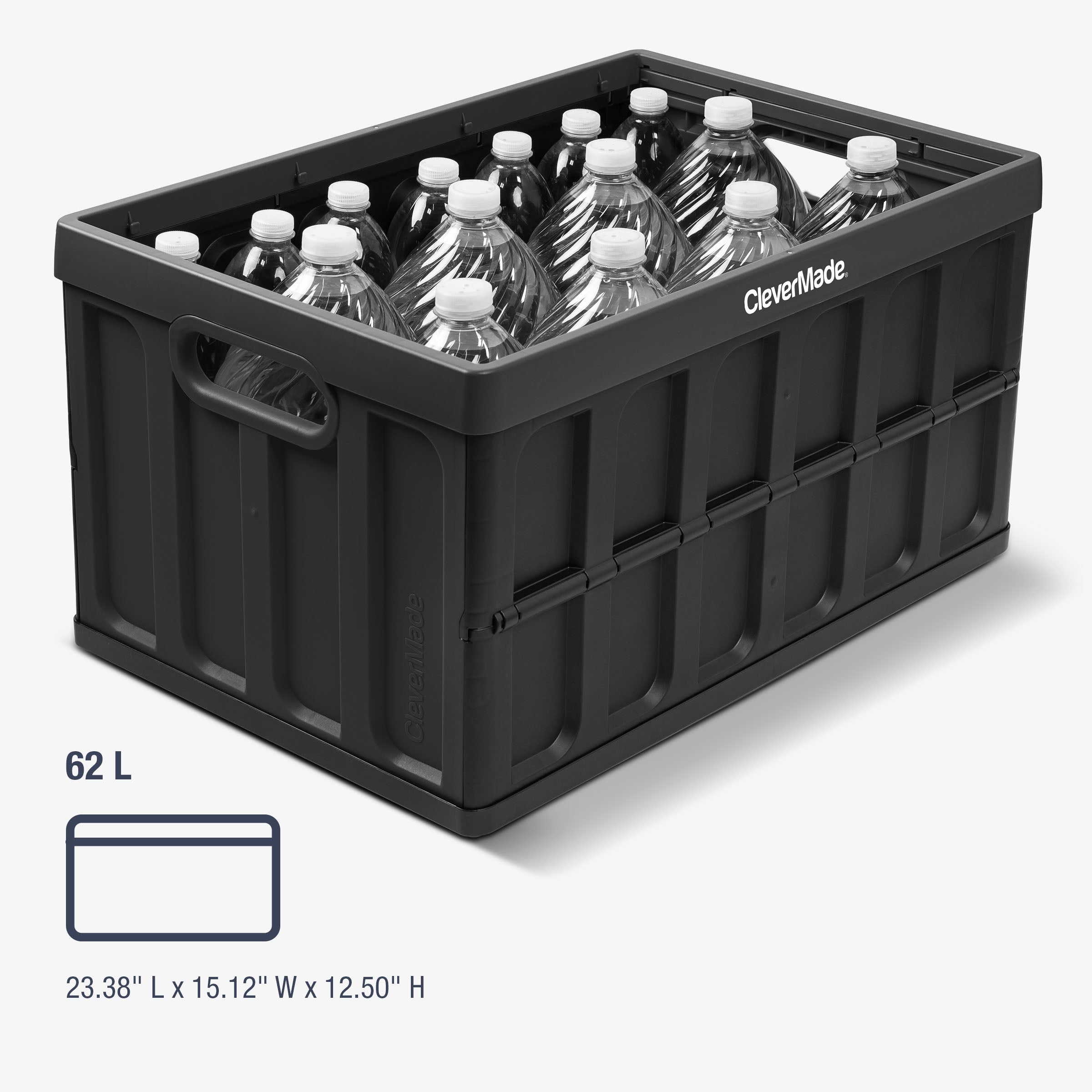 Black storage crate filled with water bottles on a white background, featuring CleverMade branding.