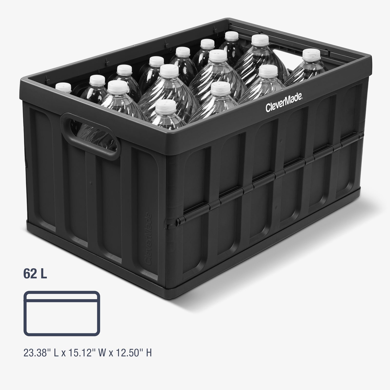 Black storage crate filled with water bottles on a white background, featuring CleverMade branding.