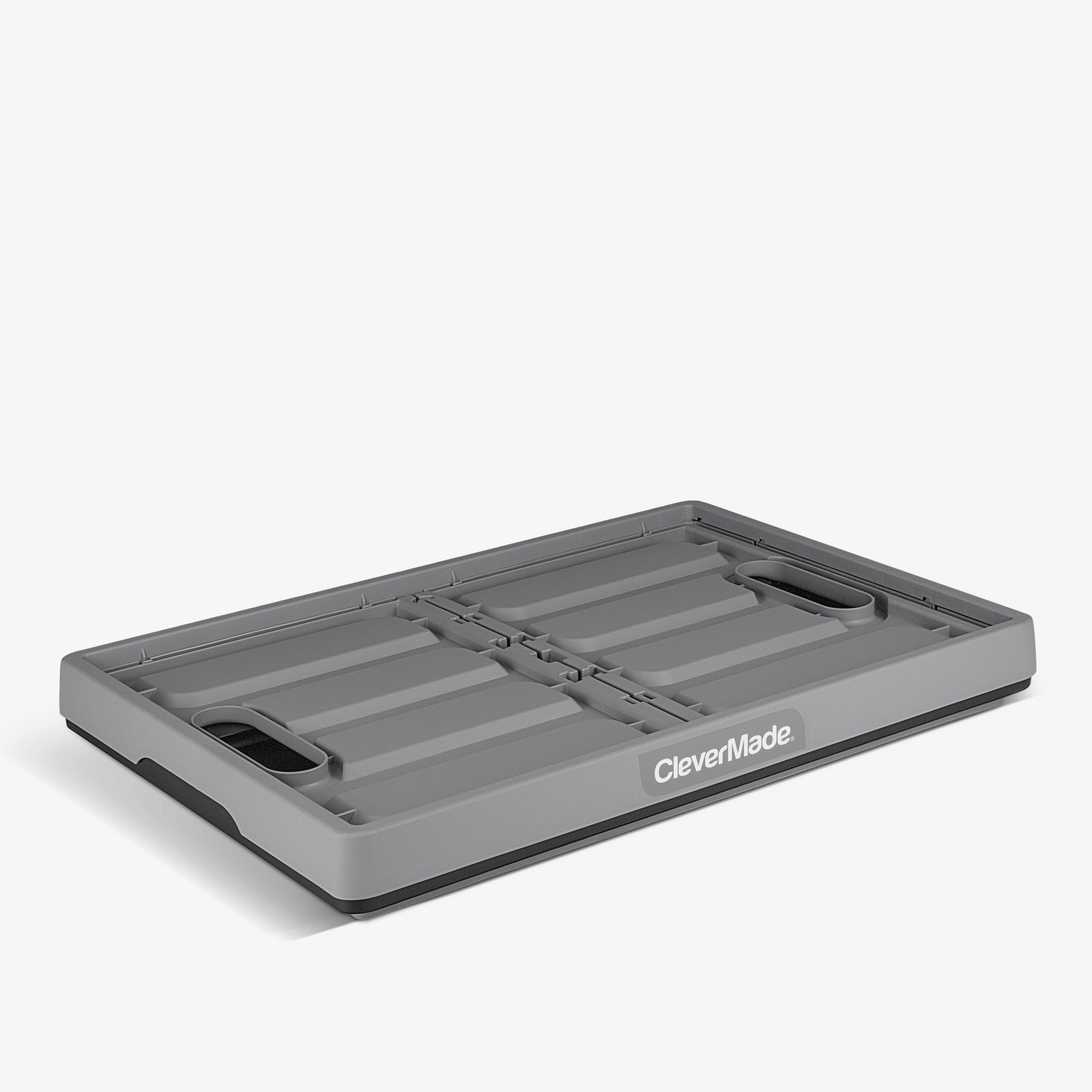 A gray and black collapsible storage bins with lid with the brand name 'CleverMade' 