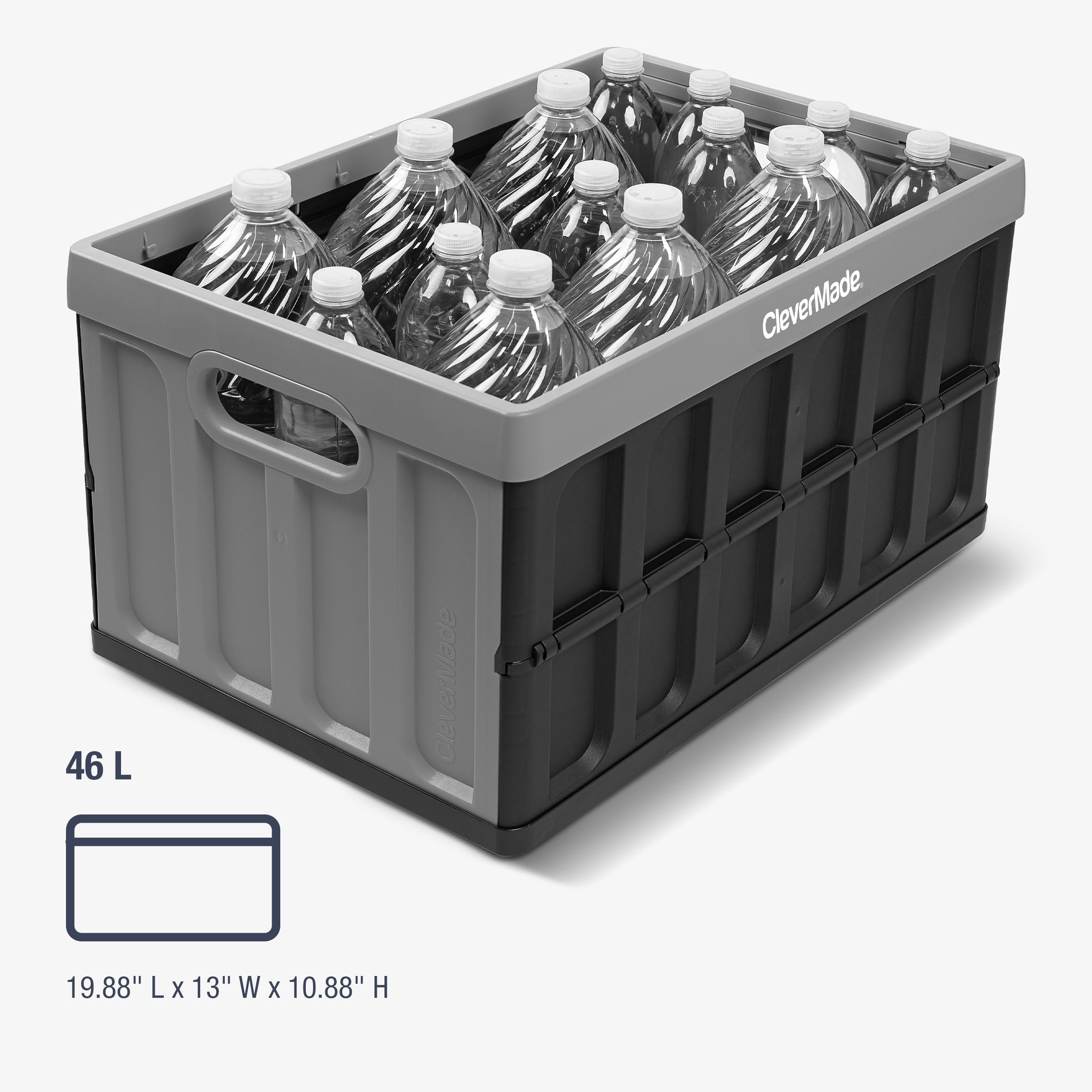 Gray storage crate filled with water bottles on a white background