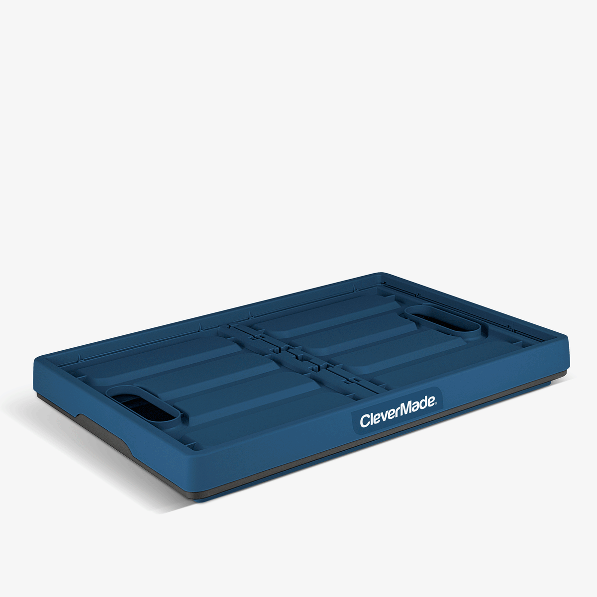 Blue and black collapsible storage bin with lid with 'CleverMade' branding on a white background