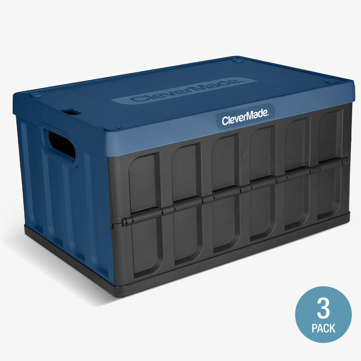 Blue and black collapsible storage bin with lid with 'CleverMade' branding on a white background