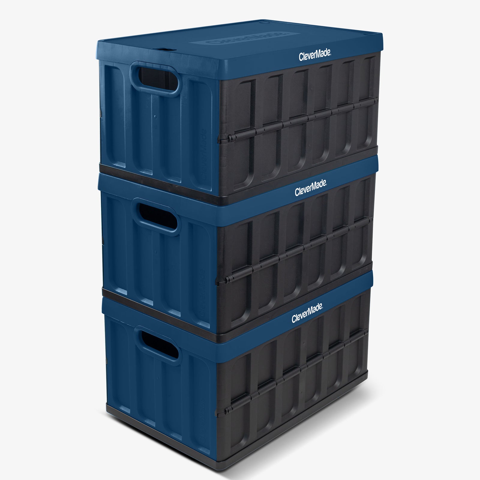Stack of blue and black collapsible storage bin with lid with 'CleverMade' branding on a white background