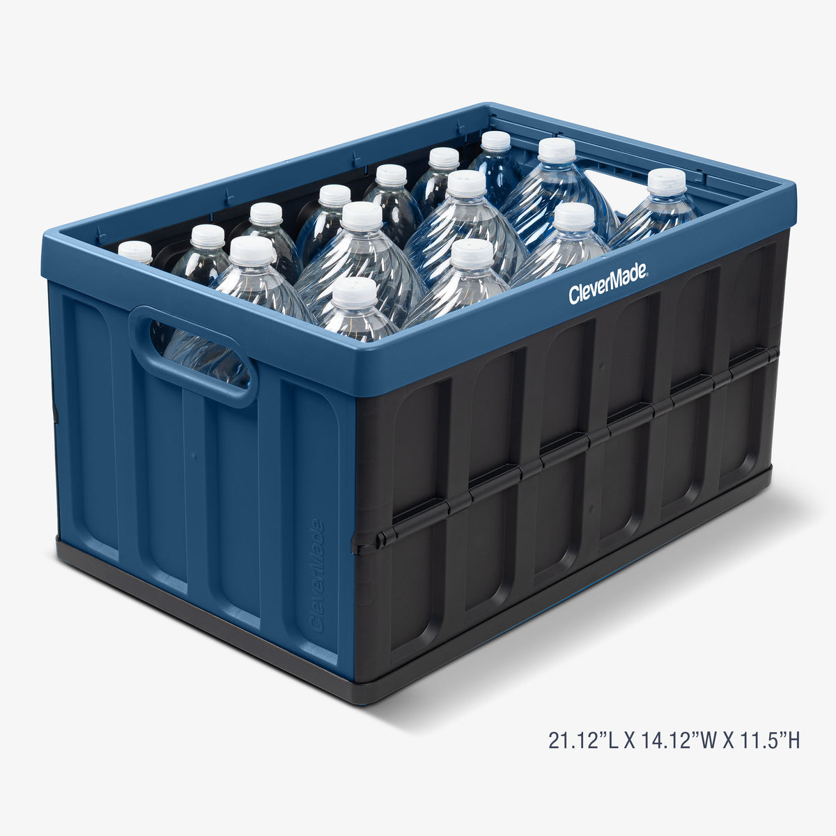 A blue and black collapsible storage bin with lid filled with water bottles on a white background
