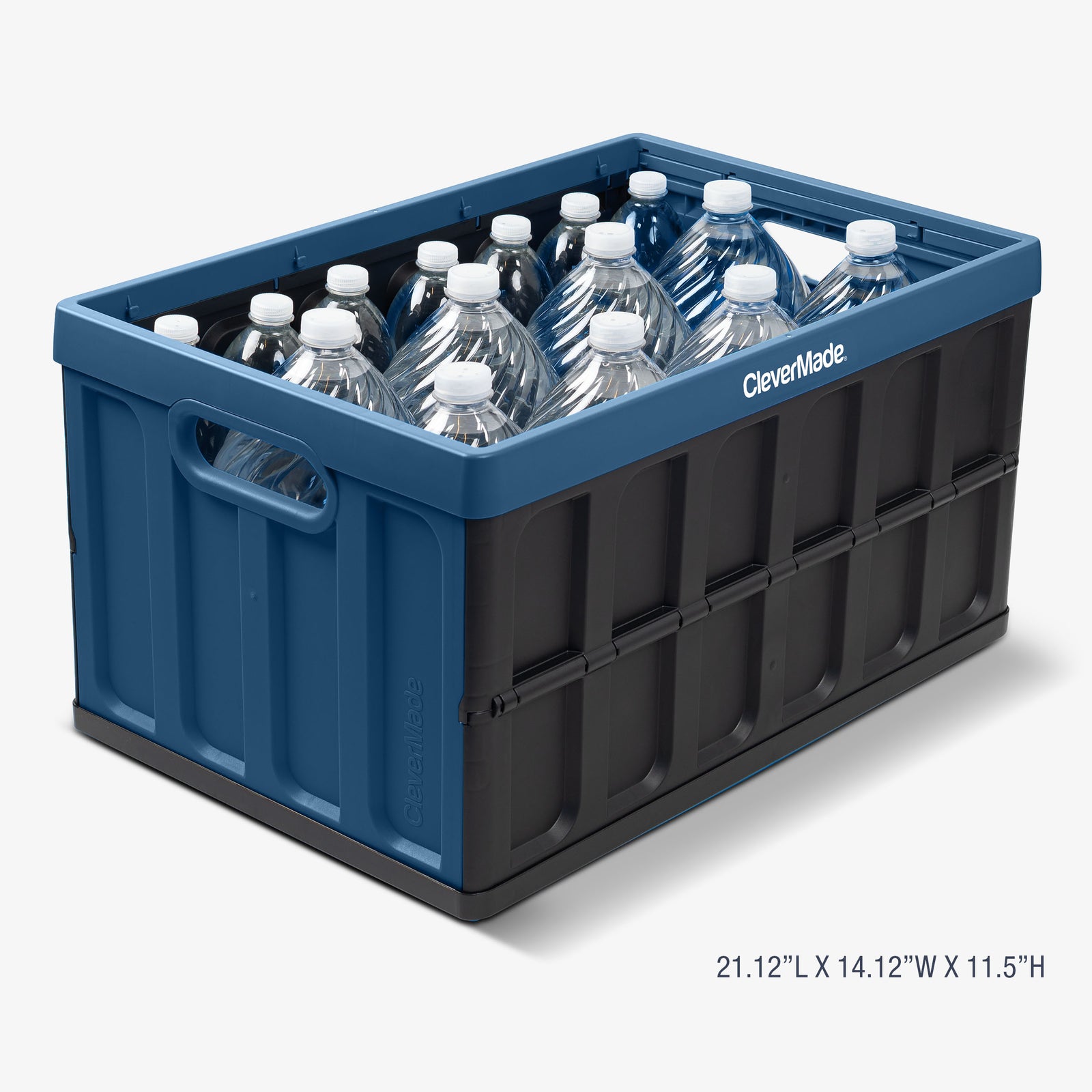 A blue and black collapsible storage bin with lid filled with water bottles on a white background
