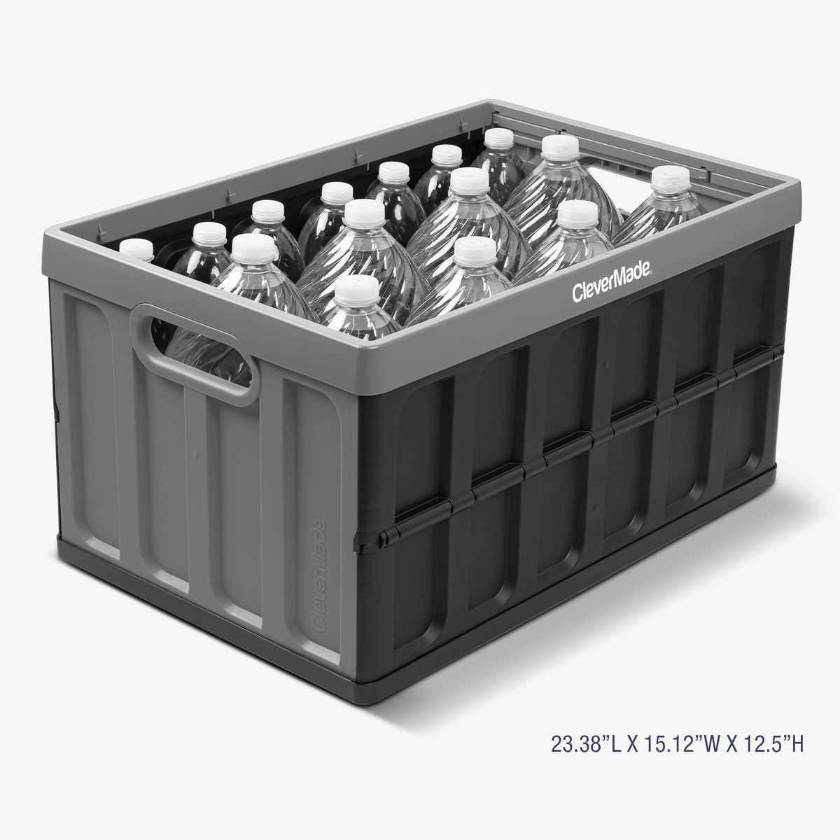 Gray storage crate filled with water bottles on a white background