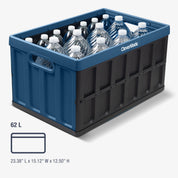 62L blue storage crate filled with water bottles on a white background