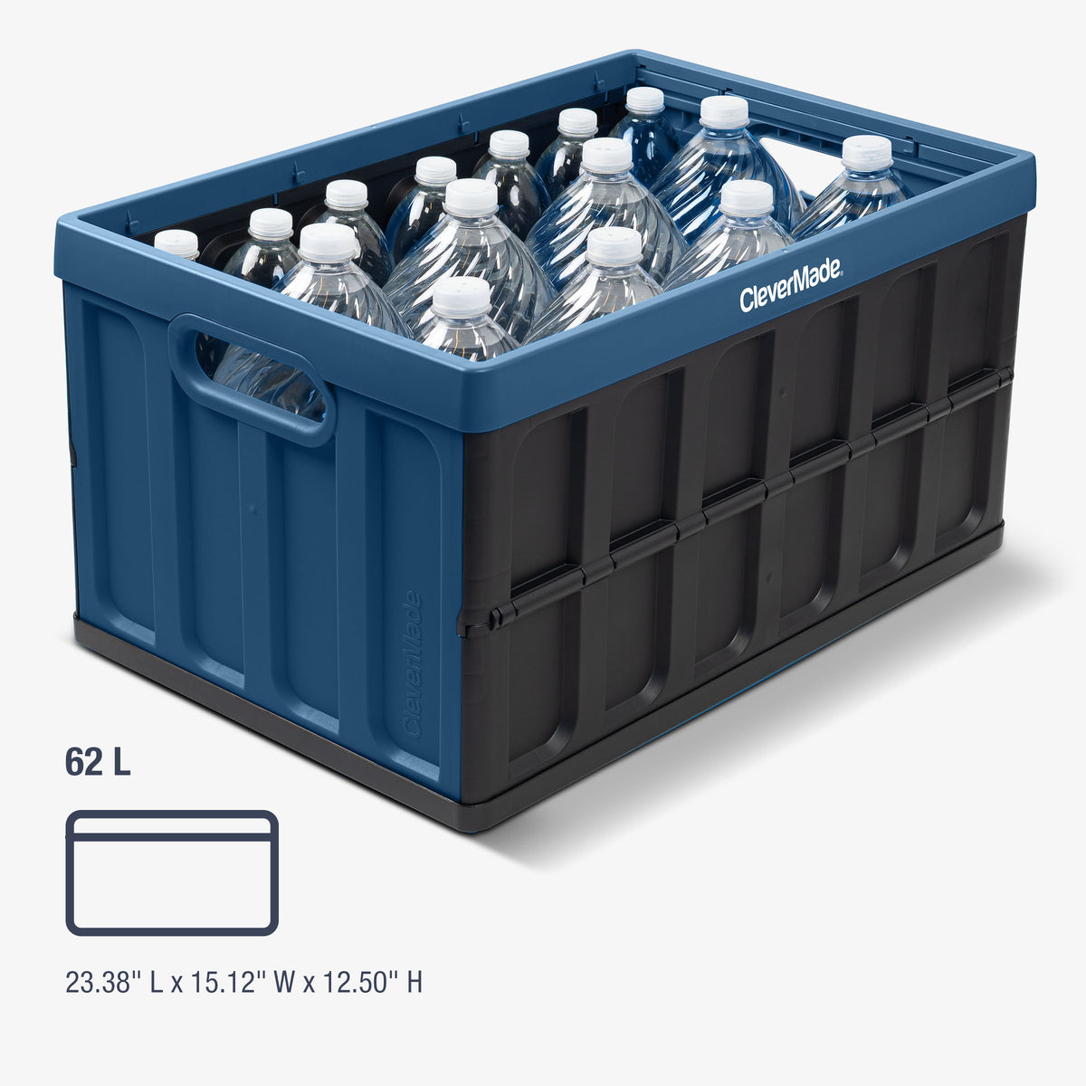 62L blue storage crate filled with water bottles on a white background