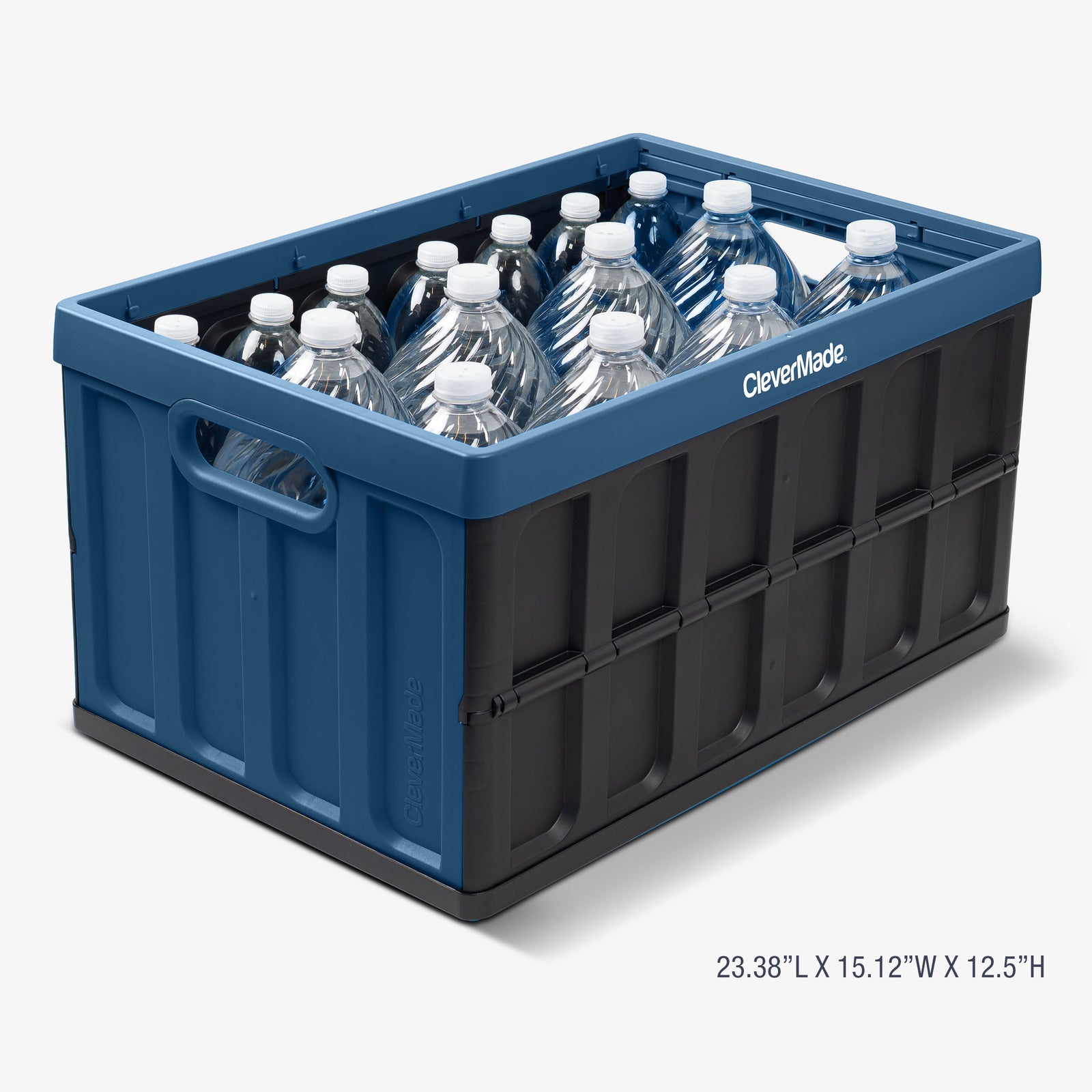 Blue and black storage crate filled with water bottles on a white background