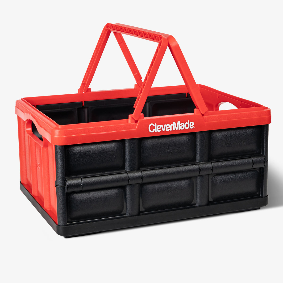 Red and black CleverMade storage crate on a white background