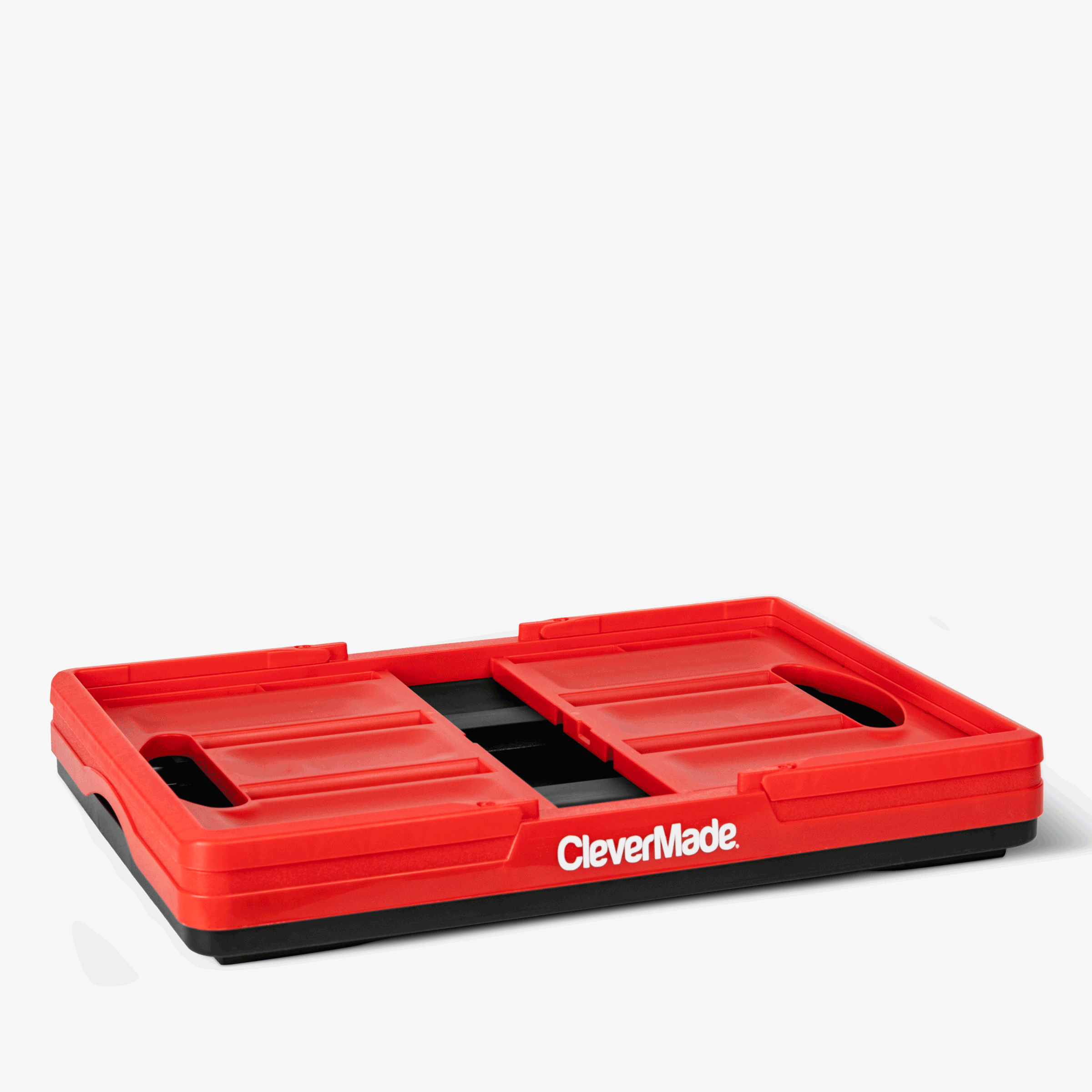 Folding Red and black CleverMade storage crate on a white background