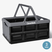Gray and black CleverMade storage crate with a handle on a white background