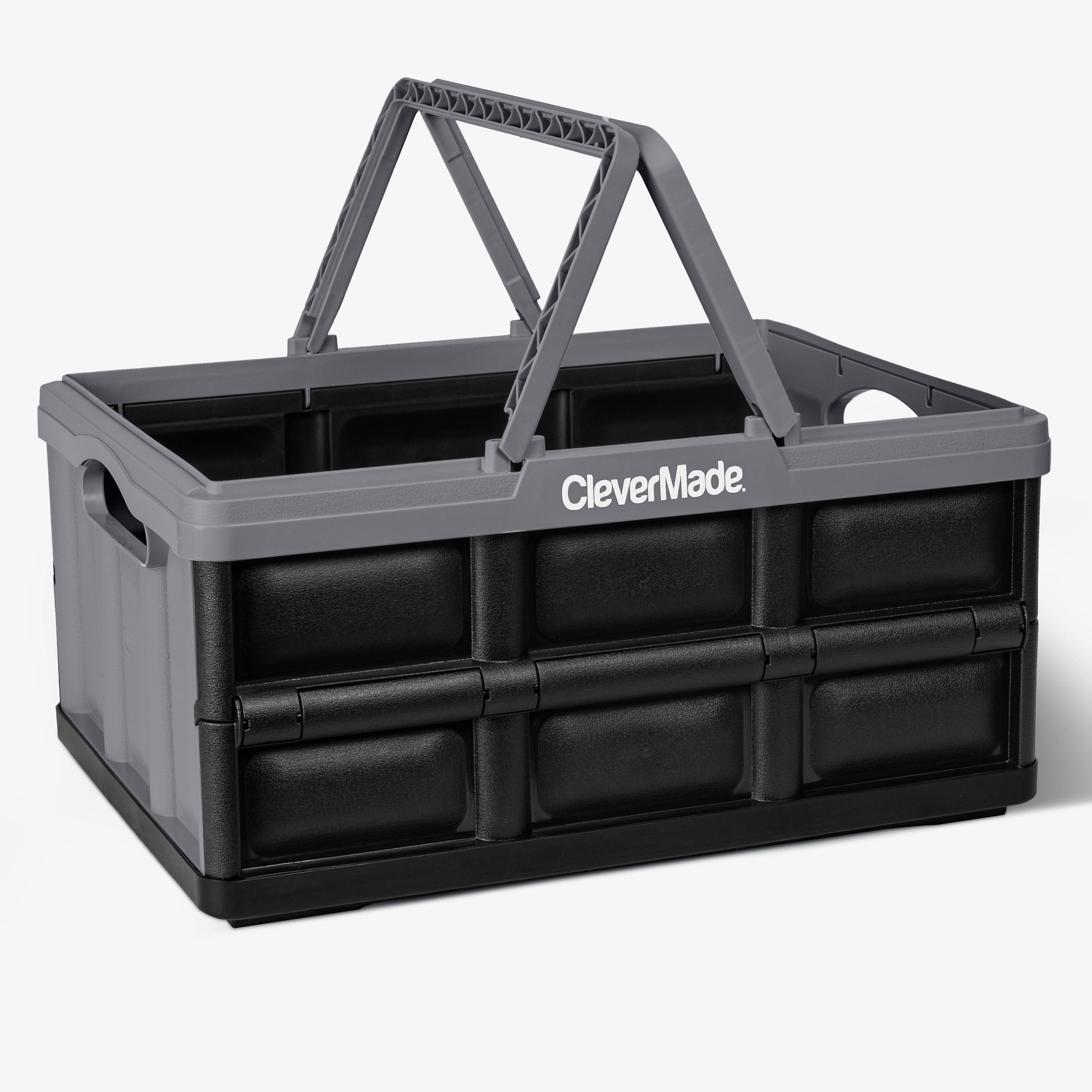 Black and gray CleverMade collapsible storage bin on a white background