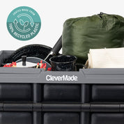 Gray-Black storage container with gardening tools and a green bag, featuring CleverMade branding and a recycling logo.
