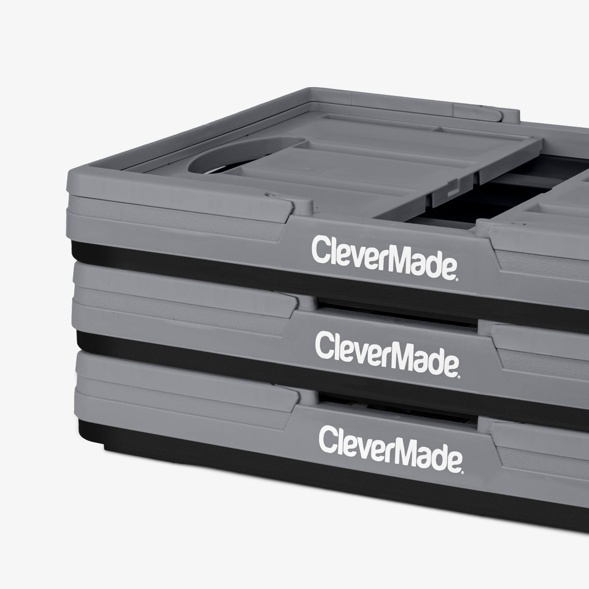 Gray CleverMade storage box with multiple compartments on a white background